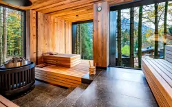 Drevená sauna, Hotel Fischerwirt Natur.WaldSPA ****, Faistenau, Rakúsko